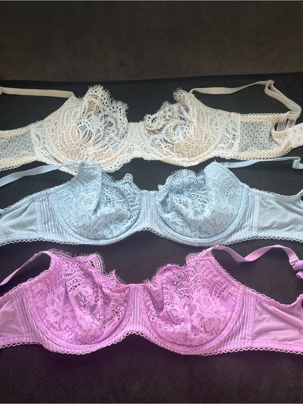 Victoria's Secret Lace Underwire Bra Set — Cream, Light Blue & Pink